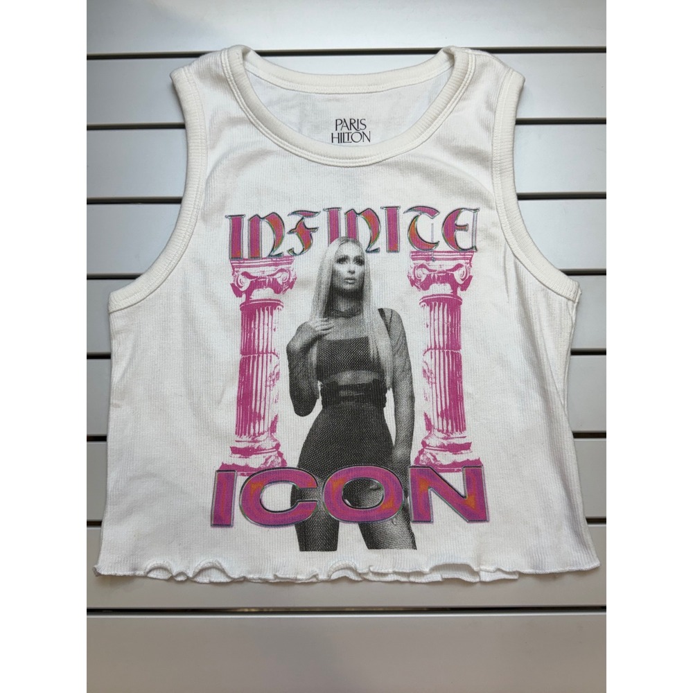 Paris Hilton Infinite Icon White Ribbed Graphic Crop Tank Top Small Y2K - Picture 1 of 6